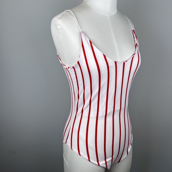 ON THRED UP - Gaze Red&White Striped Bodysuit Tank Rope Strap Double Lining - Picture 11 of 15